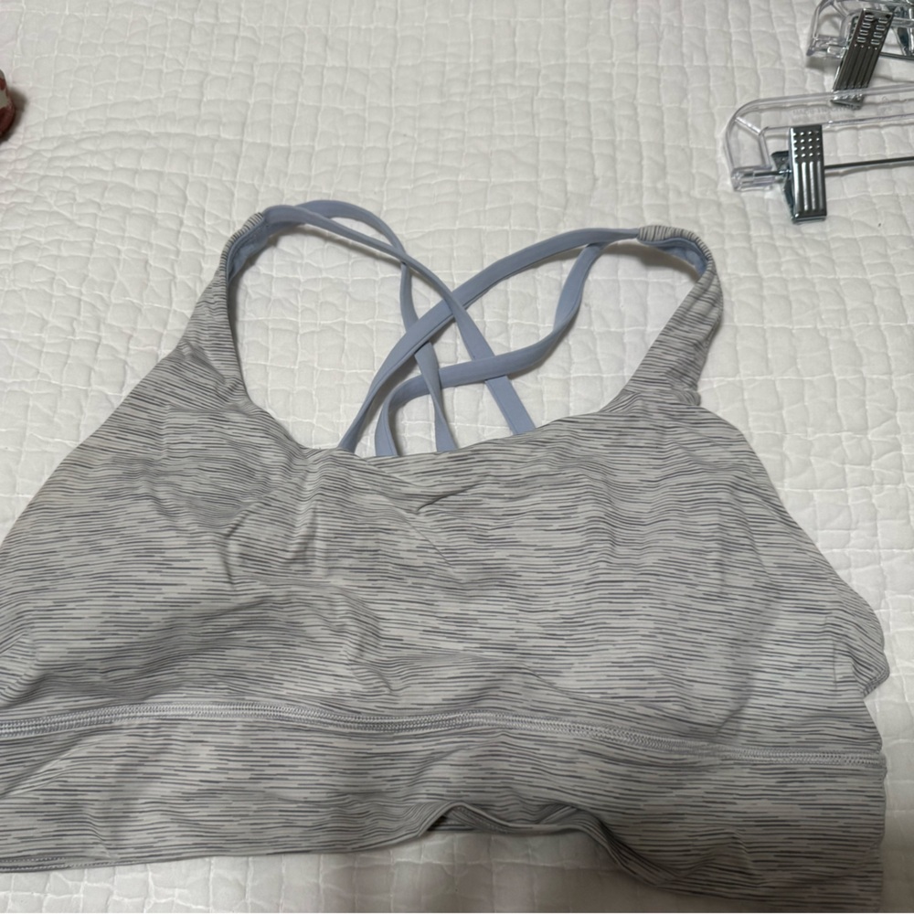 Lululemon long line energy bra in white stripes with blue accents